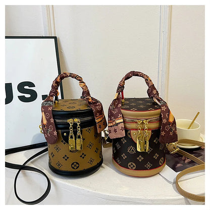 Stylish Printed Bucket Bag with Scarf Detachable Strap Shoulder Crossbody Bag for Women