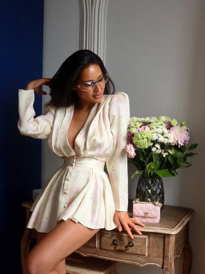 Sexy Deep V-neck Floral Printed  Long Sleeve Women Dress Fashion Waist-cinched Pleated Button-front Vestidos 2026 Daily Outfits