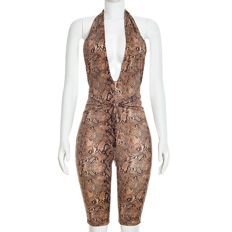 FAGADOER Sexy Python Print Patchwork Bodycon Jumpsuits Woman Halter Deep V-neck Backless Rompers Female Streetwear Overalls New