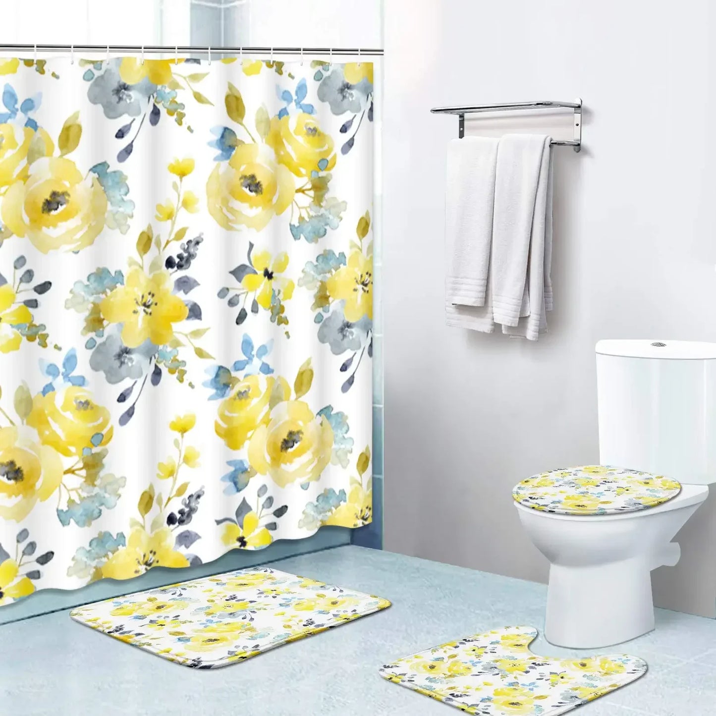 Banana Leaf Shower Curtain Set Non-Slip Rug Bathroom Accessories Tropical Palm Plant    Botanical Floral Green