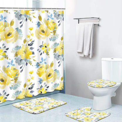 Banana Leaf Shower Curtain Set Non-Slip Rug Bathroom Accessories Tropical Palm Plant    Botanical Floral Green
