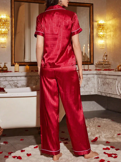 Soft Comfortable Women's Satin Silk Striped Pajama Set Short Sleeve Long Pants Lounge Sleepwear Homewear Pjs