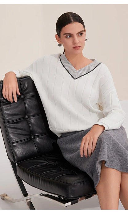 BY4521246 Women's Luxurious V-Neck Long Sleeve Sweater 100% Cotton Casual Knitted Pullover Fall Winter 2025