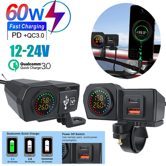 60W Motorcycle QC3.0 PD Charger Socket USB Type-C Fast Charging Motorcycle Charger Plug Voltmeter Thermometer Digital Display