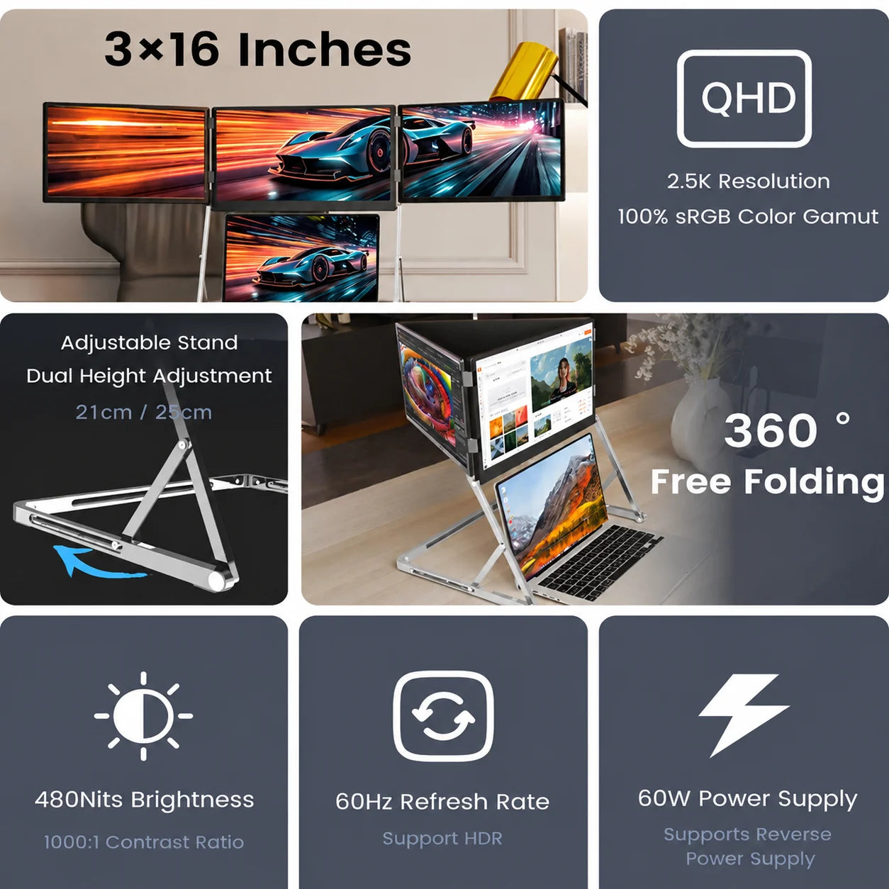 Sibolan 16 inch 2.5K Three Screen Portable Monitor 60Hz 100% sRGB Metal Body HDMI USB-C Laptop Display Extender For Wins mac OS