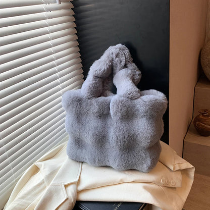Women's Fluffy Plush Shoulder Bag Autumn Winter Top-Handle Solid Color Tote Versatile Commuter Handbag for Girls
