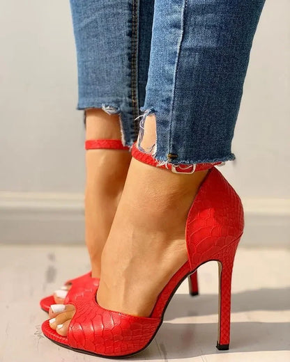 Dress Wedding Shoes Women Ankle Strap Peep Toe High Heel Sandals Sexy White Super High Heels Buckle Snake Pattern Woman Pumps
