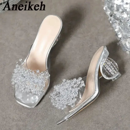 New Women High Heels Water Diamond Flower Sandals with Transparent Thick Bottom Women Shoes Party Dress PVC Slippers Mules Shoes