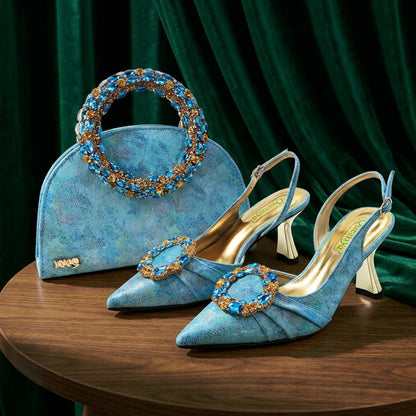 Multicolor Glitter Rhinestone Ring Handle Evening Clutch And Women High Heels Shoes Set Wedding Party Matching Bag