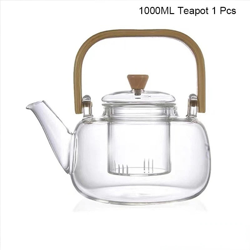 Handle Glass Tea pot Heat-Resistant Teapot Flower Tea Kettle Large Clear Fruit Juice Container Ceramic Teapot Holder Base