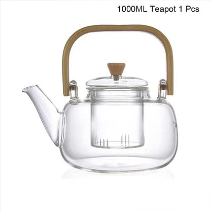 Handle Glass Tea pot Heat-Resistant Teapot Flower Tea Kettle Large Clear Fruit Juice Container Ceramic Teapot Holder Base