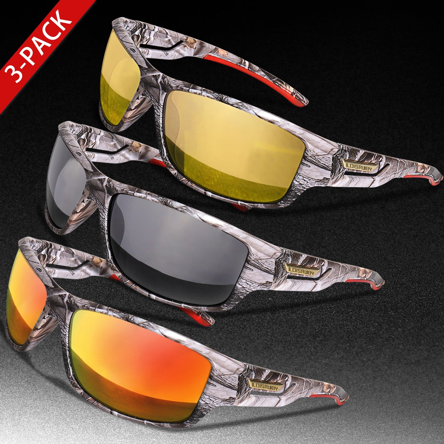 3 Pairs Polarized Fishing Sunglasses Men Camo Military Style UV400 For Cycling Riding, Running, Fishing And Driving