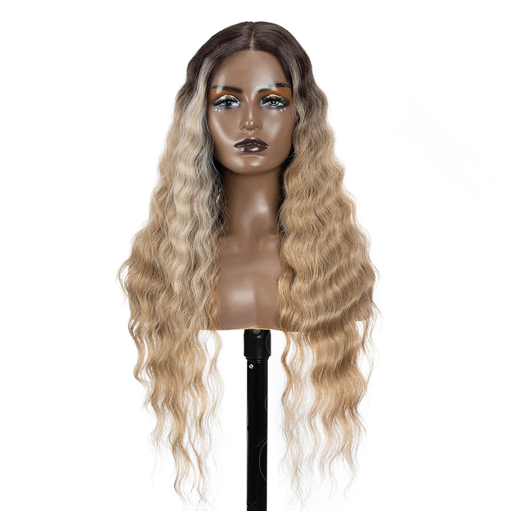 Synthetic Lace Front  Wig 30" Ombre Blonde Black Wig Baby Hair Wigs Long Wavy Hair Lace Wig For Women Lace Front Wig Cosplay Wig