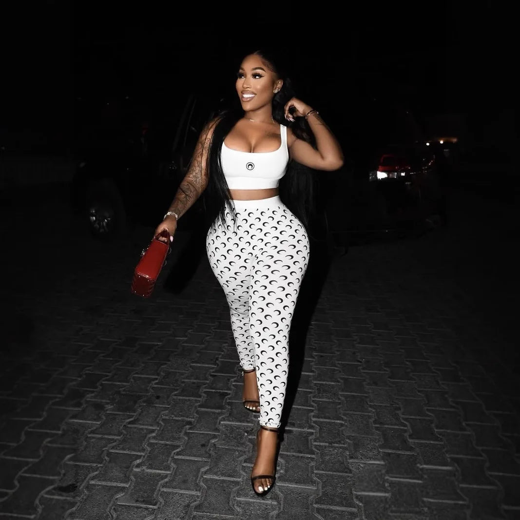 Sexy Women Two Piece Set Slim Fit Vest Pants Y2K Fashion High Street Retro Crescent Print Matching Outfit