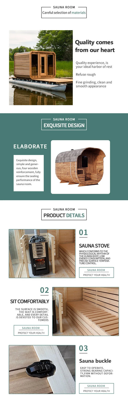Outdoor 6-person traditional barrel sauna panoramic Finnish red cedar sauna