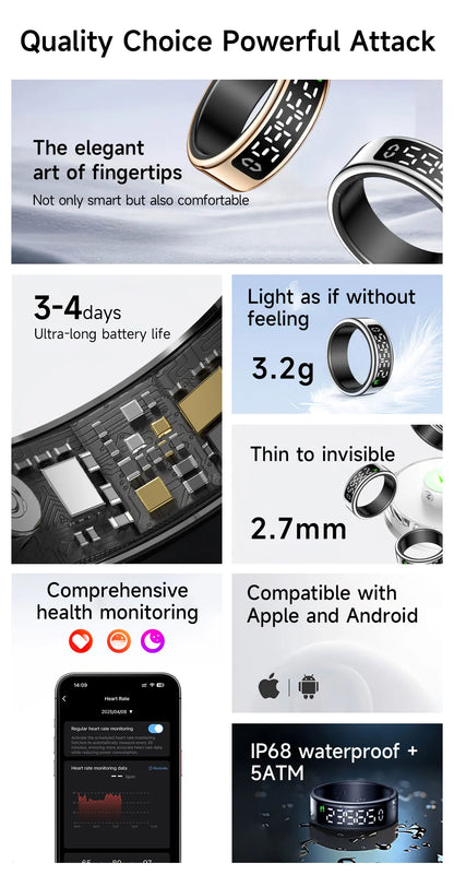 Smart Ring + Case Display Screen Touch Health Monitor Gesture Swipe Video/Brush Tiktok 5ATM Waterproof Smartring for Men Women