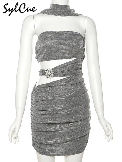 Sylcue Solid Color Flash Hollow Summer Bachelor Party Sexy Mature Beautiful Confident Tight Hot Cool Women's Halter Dress