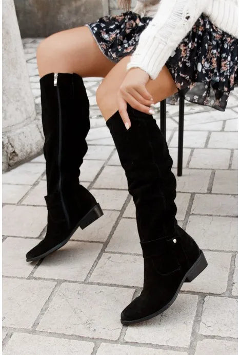 long women's boots Low Heel Side Zip Size 43 Suede Thigh High Women's Boots Retro Woman Booties Autumn Winter Knee High Boots