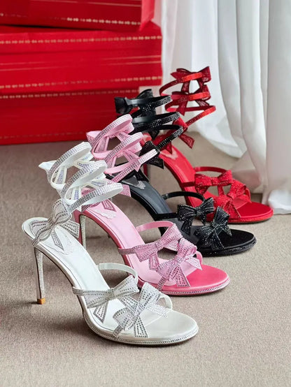 Luxury Rhinestones Mesh Bowknot Snake Coiled Women Gladiator Sandals Sexy Narrow band Thin High heels Summer Wedding Party Shoes