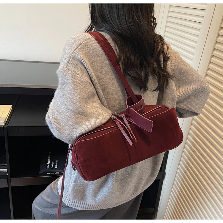 Retro Red Suede Wedding Shoulder Bag Luxury Designer Women Versatile Underarm Bags Elegant Female Large Capacity Handbags