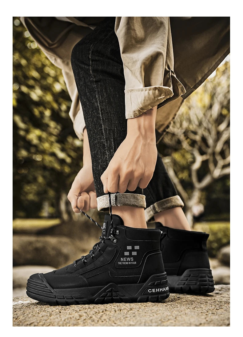Original Black Leather Ankle Boots For Men Outdoor Non-slip Work Boots Men's Motorcycle Boots Platform High Top Bikers Shoes Man
