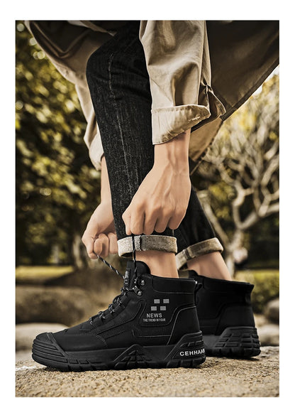 Original Black Leather Ankle Boots For Men Outdoor Non-slip Work Boots Men's Motorcycle Boots Platform High Top Bikers Shoes Man