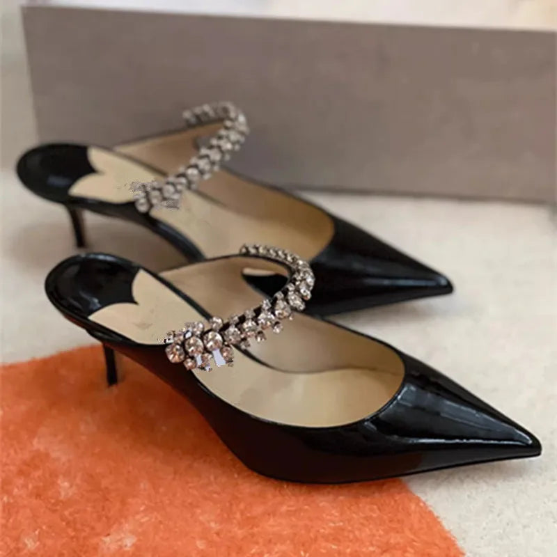 2025 New Fashionable Fine Heeled Muller Shoes with Pointed Water Diamond Chain Banquet Shallow Mouth Women's High Heel Sandals
