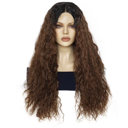 13*4*1 Lace Front Wig Ombre Brown Long Curly Synthetic Wig for Women Heat Resistant Hair Daily Party Cosplay