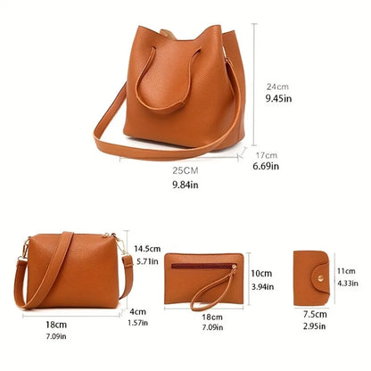 New 4pc Large Capacity Leather Handbag Solid Color Lychee Texture Shoulder Bag Bucket Bag Purse