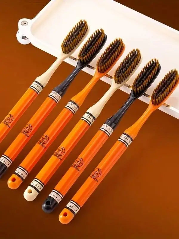 6-Pack Luxury Long-Handle Household Wide-Head Adult Ultra-Fine Soft Bristle Toothbrushes, Enlarged and Extended Couple Family Pack with Printed Handles, Gentle on Gums, Fine Bristles, Efficient Cleaning, Stylish Design, Non-S