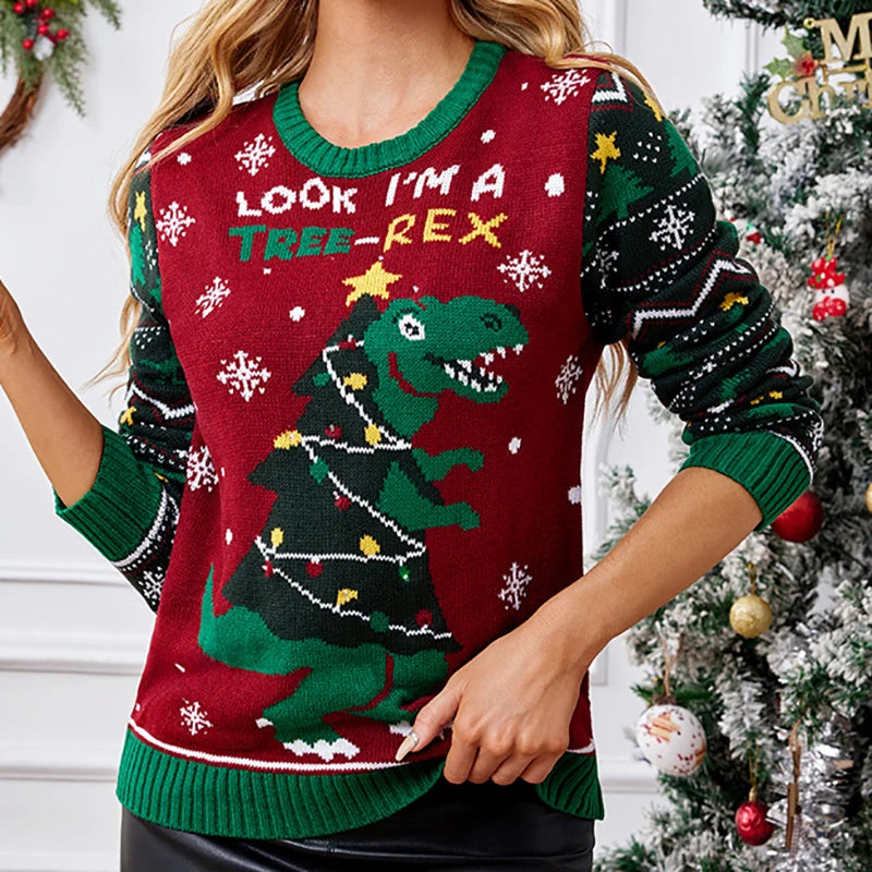Christmas Dinosaur LED Lighting Sweater Red Green Color Block Pullover O Neck Novelty Sleeve Print Fun Holiday Family Gift