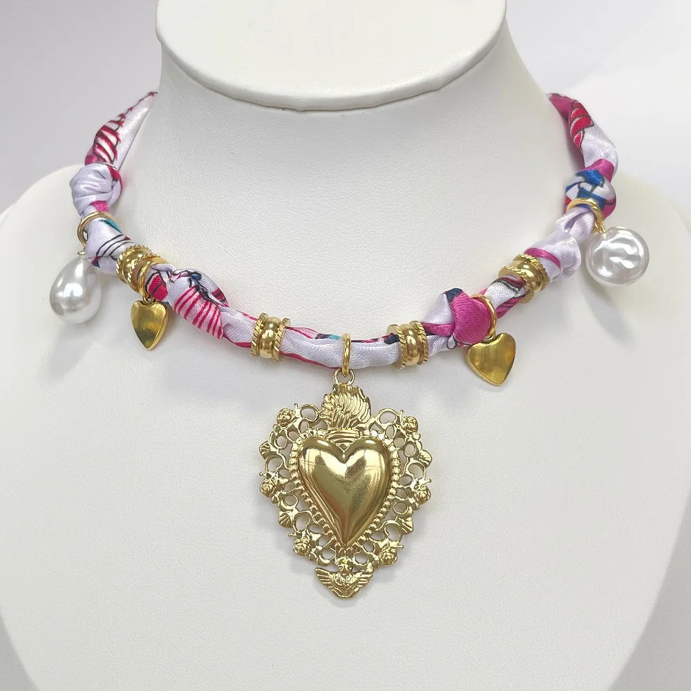 Women’s Fashion Scarf Necklace with Large Stainless Steel Heart Pendant Stackable Bandana Jewelry
