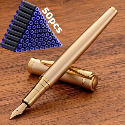 51-Piece Set (1 Pen + 50 Ink Cartridges), 0.5mm Tip, Iridium Nib, Stainless Steel Pen Body, Suitable for Calligraphy, Elegant and High-End, Luxurious and Noble, Suitable for 2.6mm Diameter, Student Stationery, Gifts, Valentin