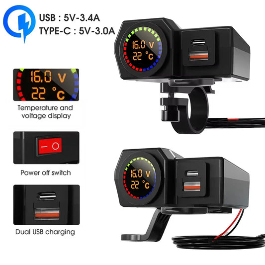 Motorcycle Fast Charger USB Type C Port Socket Connector with Temperature and Voltage Display Power Supply Adapter for Phone GPS