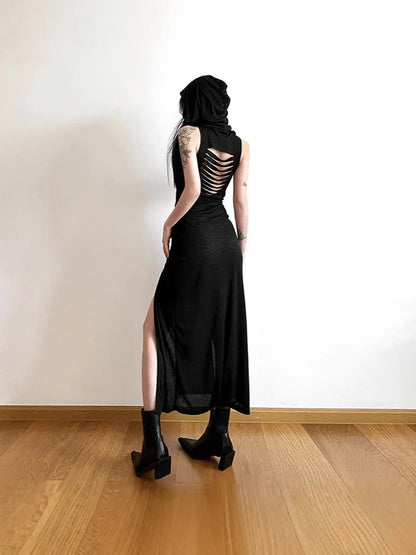 Cyber Gothic Desert Walker Hooded Dresses Y2k Punk Grunge Hollow Out Midi Dress Women Sexy Split Side Solid Streetwear