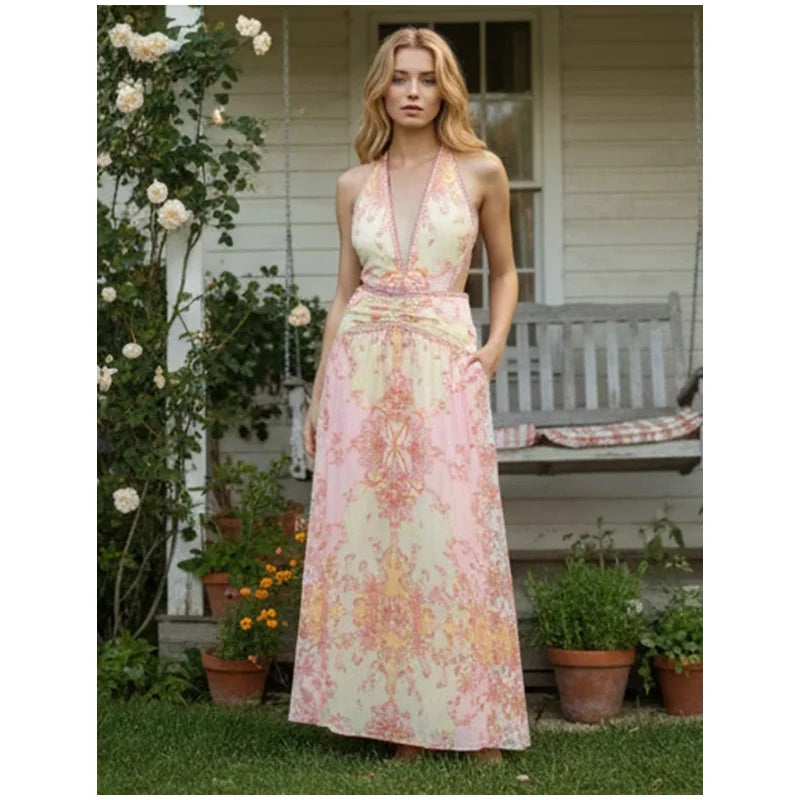 Vintage Floral Halter Deep V Neck Women's Dress Sexy Side Waist Cutout Flowy Long Sundress Summer New Chic Vacation Party Outfit