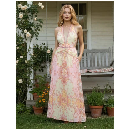 Vintage Floral Halter Deep V Neck Women's Dress Sexy Side Waist Cutout Flowy Long Sundress Summer New Chic Vacation Party Outfit