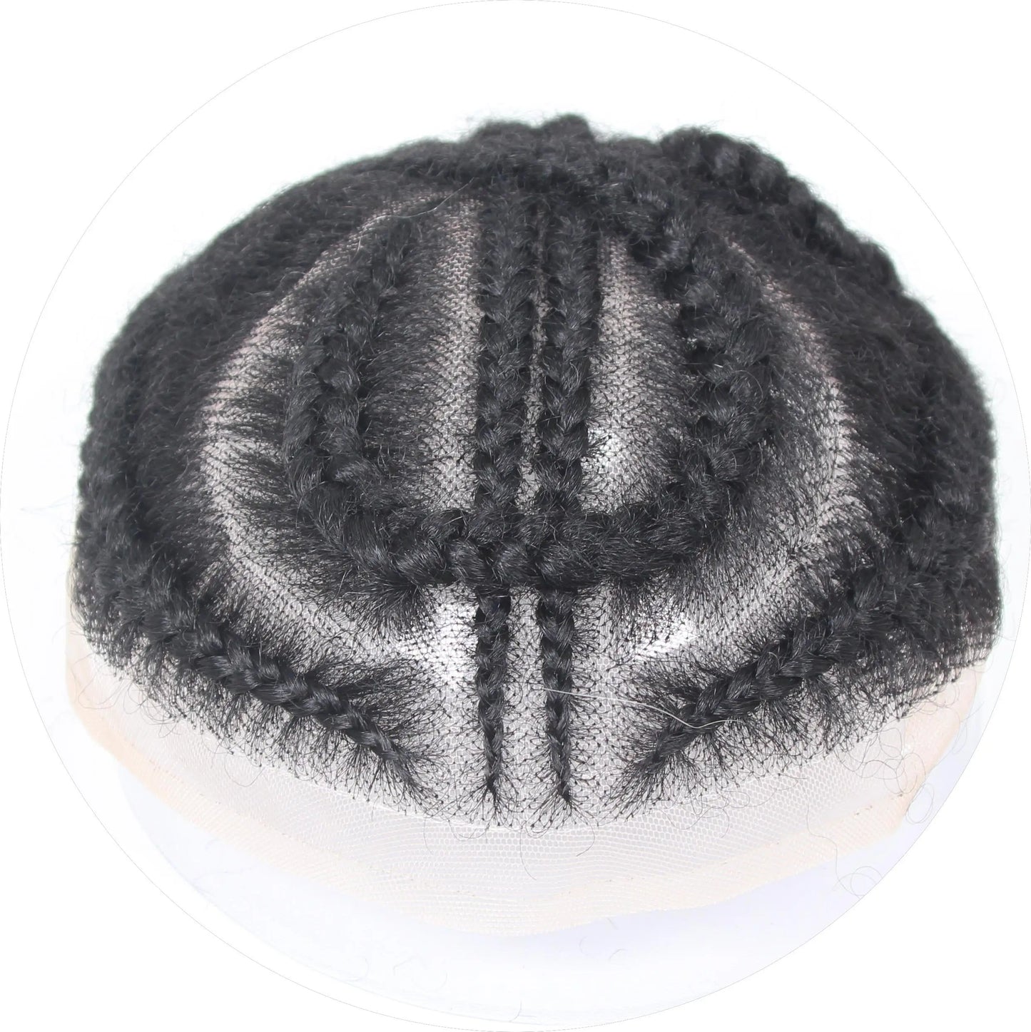 Glueless European Virgin Hair Toupee #1B Black - 8x10 Full Lace System w/Afro Corn Braids for Men