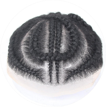 Glueless European Virgin Hair Toupee #1B Black - 8x10 Full Lace System w/Afro Corn Braids for Men