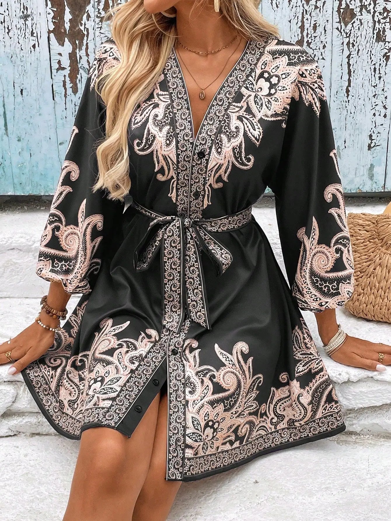 Elegant Women's Retro Printed V Neck Lantern Sleeve Dress Spring Summer Fashion Cinched Waist Lace-up Female Vacation Shortskirt
