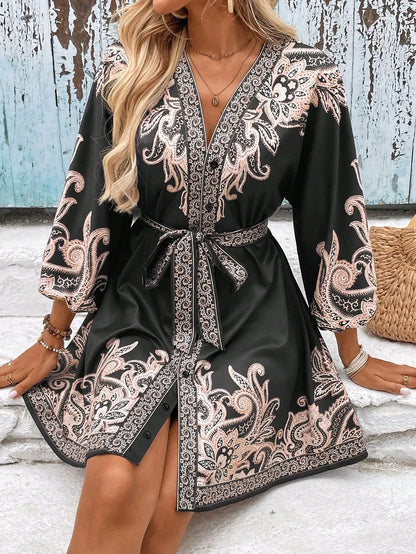Elegant Women's Retro Printed V Neck Lantern Sleeve Dress Spring Summer Fashion Cinched Waist Lace-up Female Vacation Shortskirt