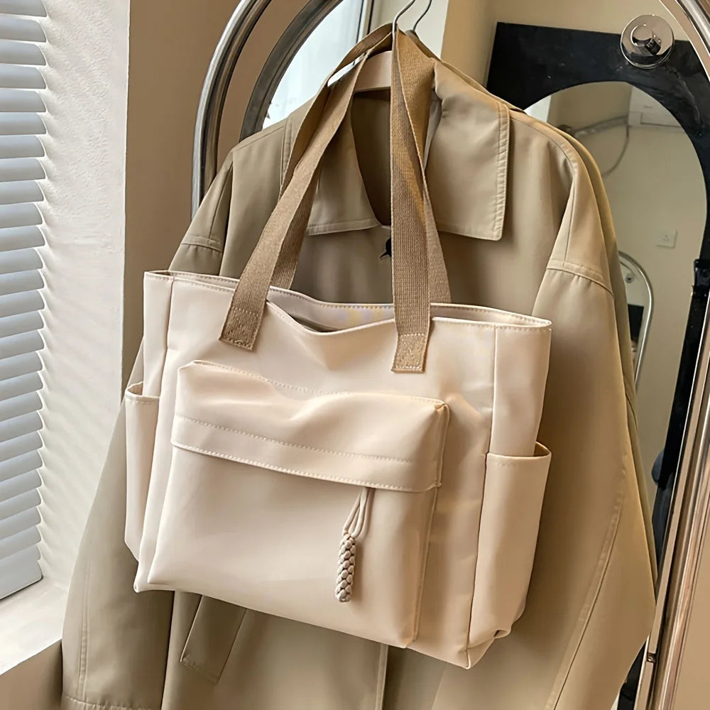 Nylon Tote Bag with Multiple Pocket Lightweight Foldable Design for Office Commute Shopping Fitness Storage Handbag Shoulder Bag