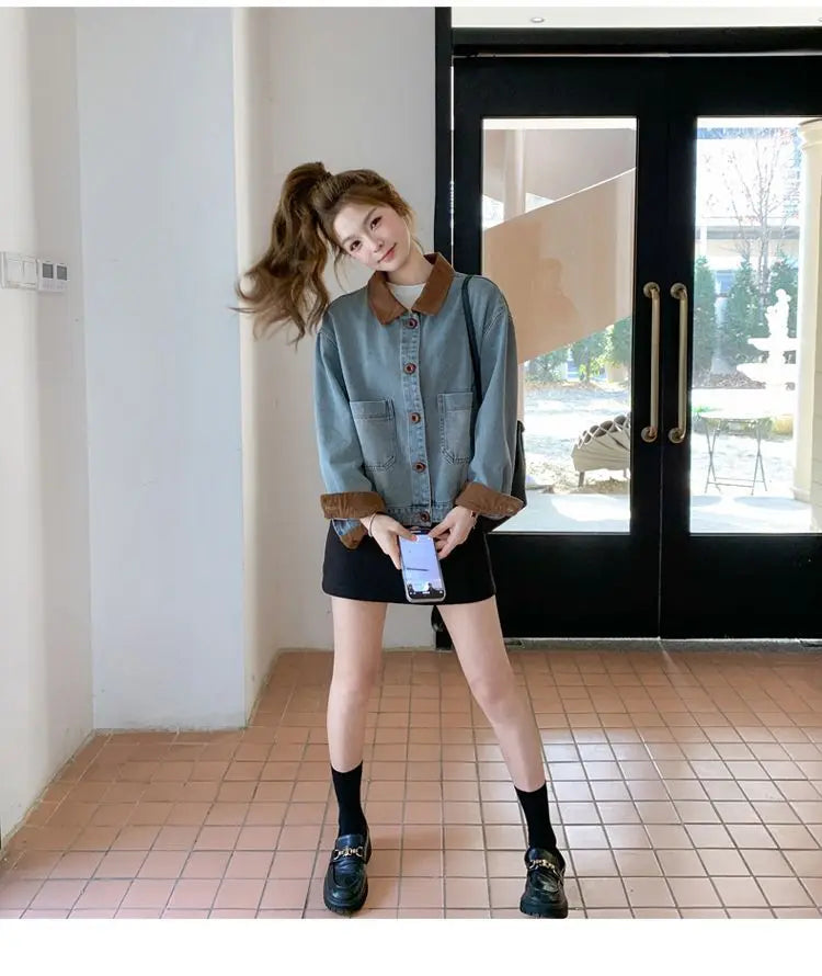 Women Clothing Autumn Fashion Korean Button Color Blocking Polo Collar Female All-match Fashionable Pocket Appear Thin Cardigan