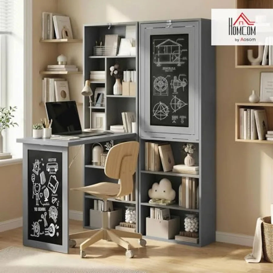 Fold-Out Convertible Writing Table Computer Desk with Blackboard and Side Shelf Multi-Function Home Office Workstation in Charc