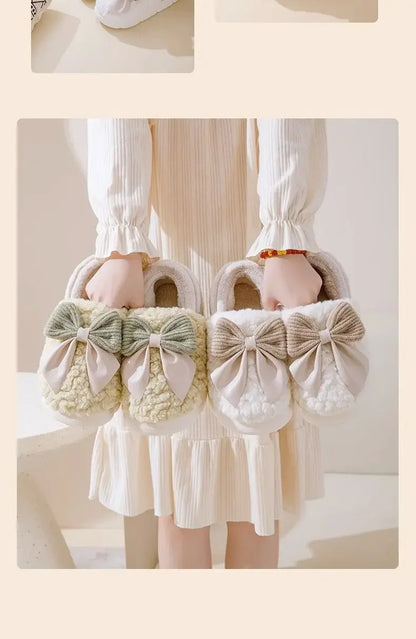 Thick Soled Non Slip Home Plush Slippers 2025 New Cotton Slippers for Women Bow Slippers for Autumn and Winter Warm for Women