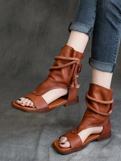 Birkuir High Top Open Toe Sandals For Women Summer Boots Luxury Hollow Out Beach Sandals Genuine Leather Flats Shoes Ladies