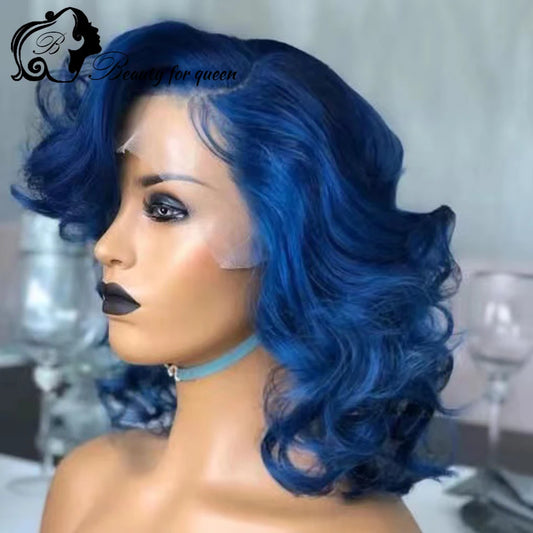 Blue Body Wave Lace Frontal Wig Angel Hair 180%Density  Human Hair Wigs 100%Human Hair Quality Blue Colored 13*4 Lace Front Wigs