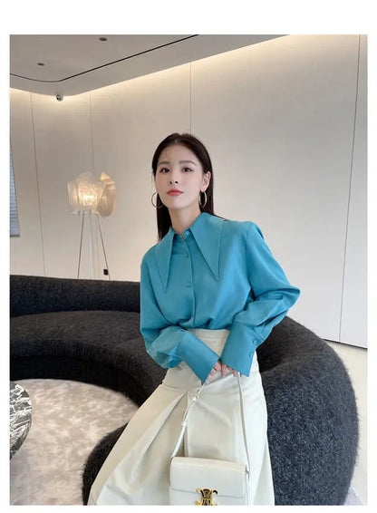 Spring Autumn New Elegant Long Sleeve Loose Shirt Tops Solid Color All-match Fashion Blouse Temperament Korean Women Clothing