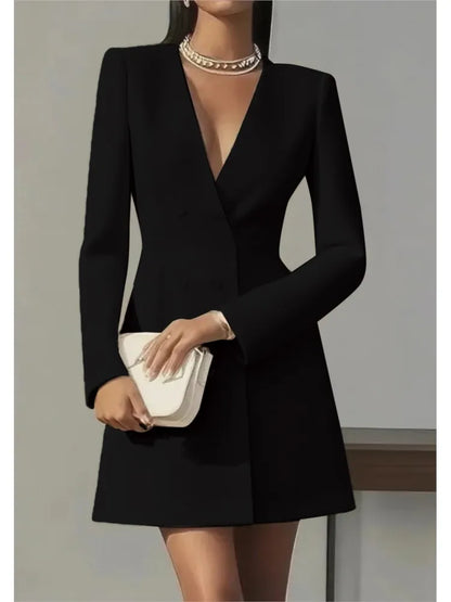Women's Fashion Solid Button Blazer Short Dresses Autumn Winter Sexy V-neck Party Dress  Office Ladies Long Sleeve Slim Dress
