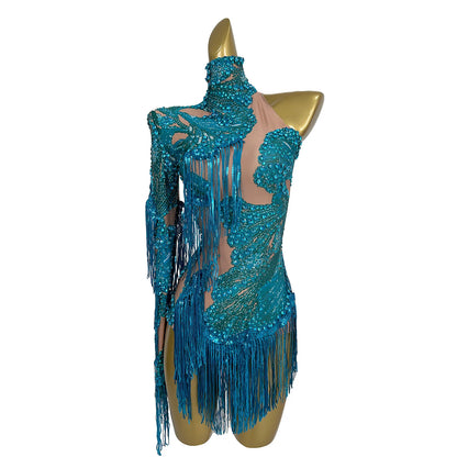 Sparkly Sequins Tassel One Shoulder Tight Bodysuit Women Dance Leotard Outfit Nightclub Bar Performance Costume Stage Wear Duxiu